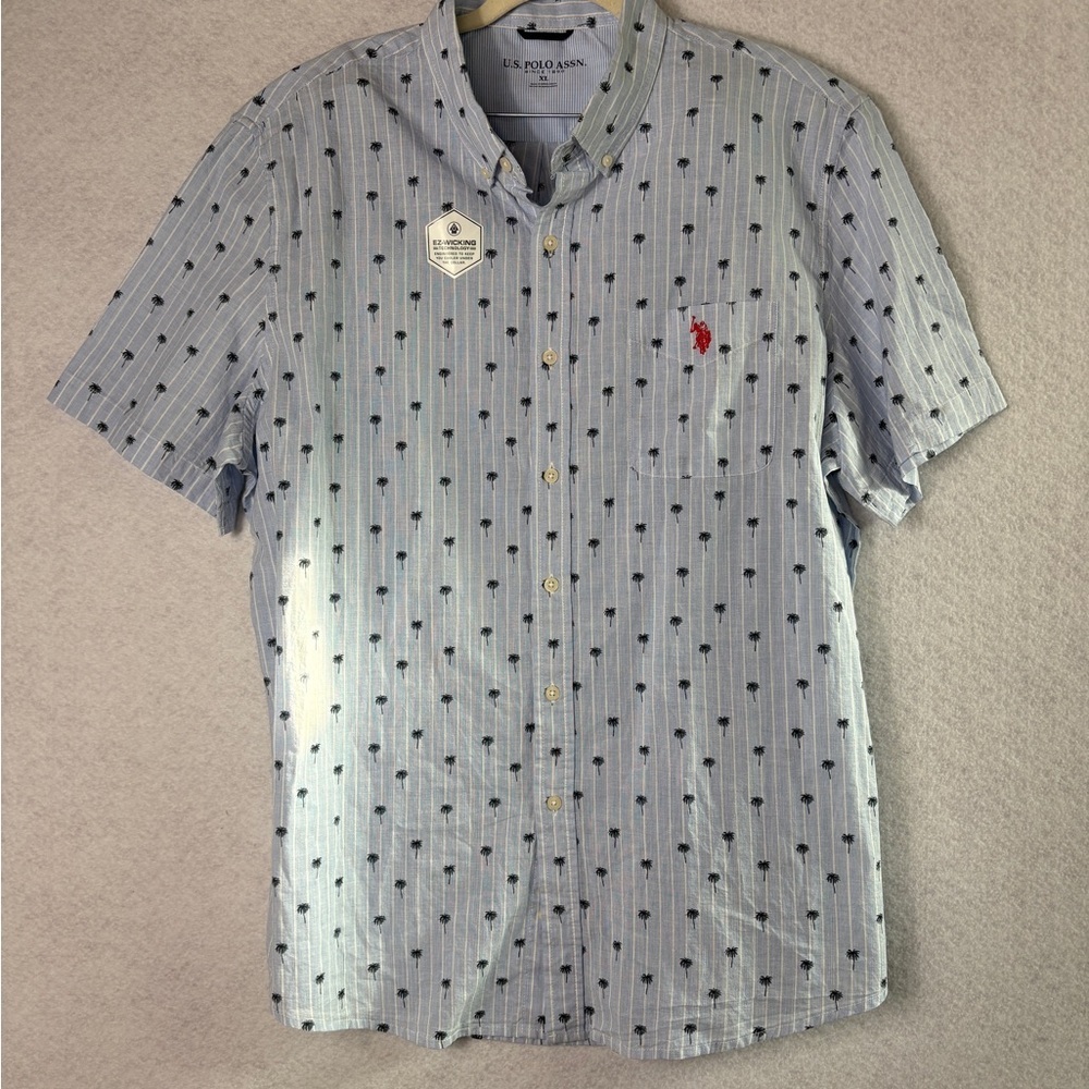 U.S. Polo Assn. Light Blue Short Sleeve Button-Down with Navy Palm Print